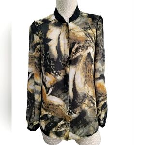 Women's Large Vivienne Tam Sheer Button Down Long Sleeve‎ Blouse Shirt Top euc